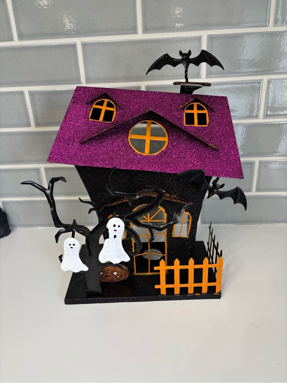 Glittery  Halloween Haunted House Decor with Ghosts and Bat tealight holder